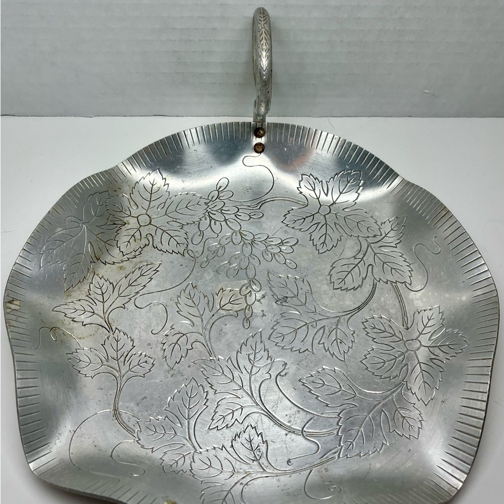 Vintage Hammered Aluminum Dish Tray  W/ Curled Handle, Leaf Engravings Design